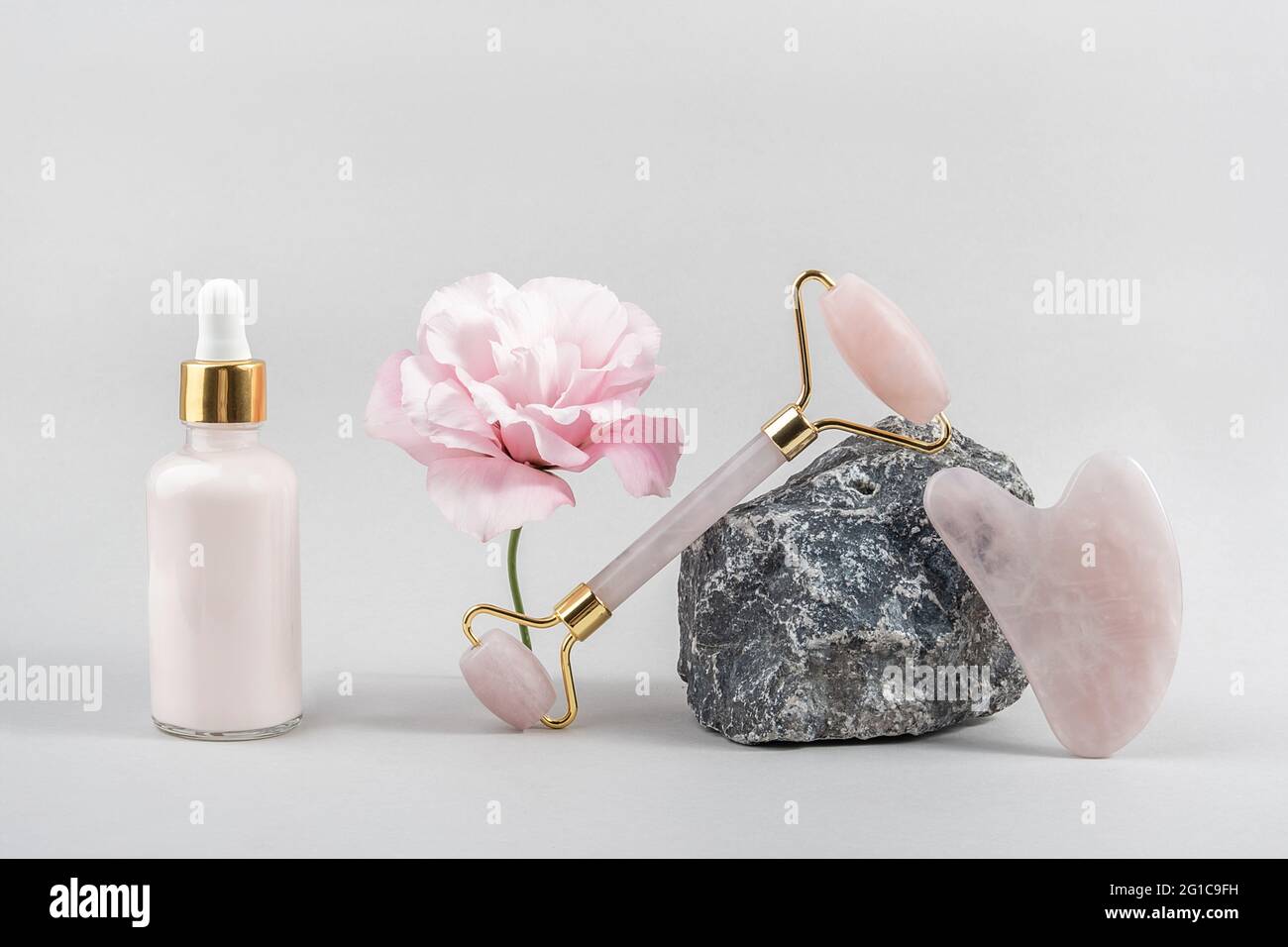 Rouleau facial en quartz rose cristal, flacon compte-gouttes cosmétique sur pierre et belle fleur sur fond gris. Massage du visage pour une levée naturelle, beaut Banque D'Images