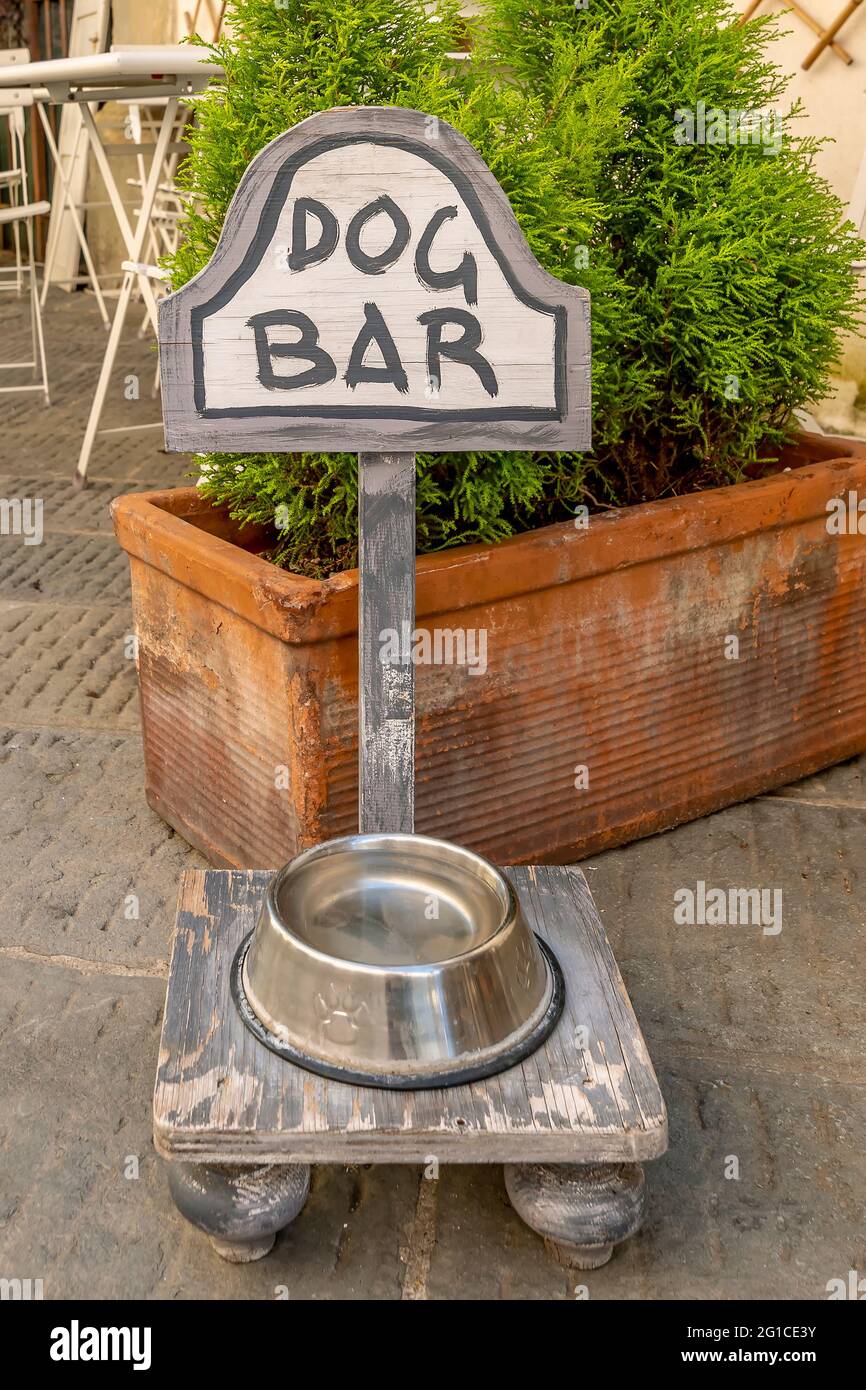 Un bar qui a également un espace pour chiens avec un bol plein d'eau dans le centre-ville de Montecarlo, Lucca, Italie Banque D'Images