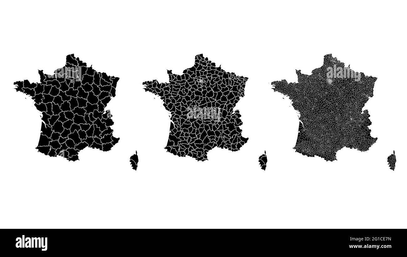 France carte municipale, région, département d'État. Bordures administratives, illustration vectorielle noire sur fond blanc. Illustration de Vecteur