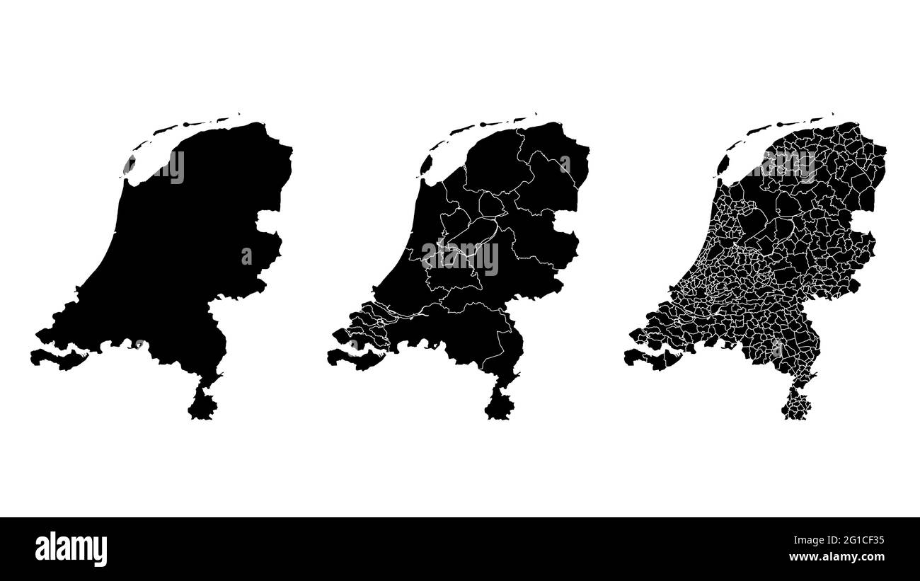 Pays-Bas carte municipale, région, département d'état. Bordures administratives, illustration vectorielle noire sur fond blanc. Illustration de Vecteur