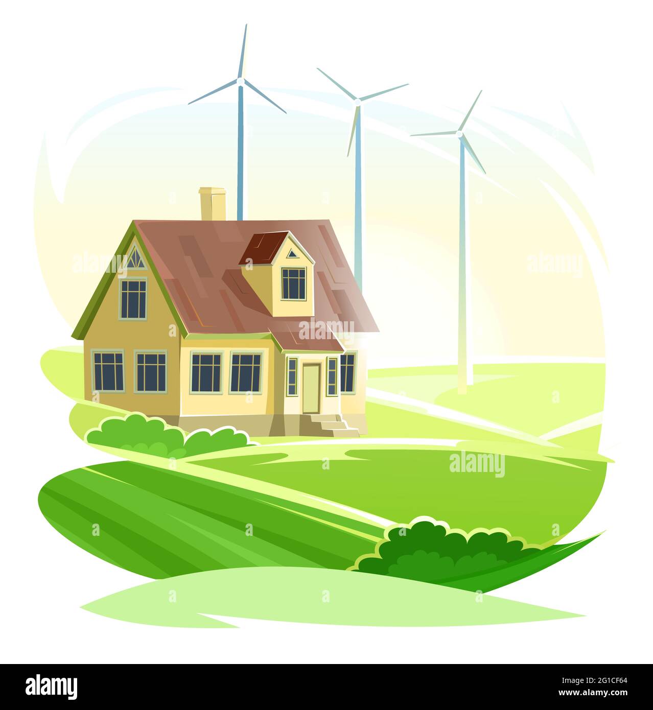 Générateur d'énergie éolienne. Maison de campagne. Style dessin animé plat. Arrière-plan isolé. Une source d'énergie renouvelable écologique. Turbine avec Bla Illustration de Vecteur