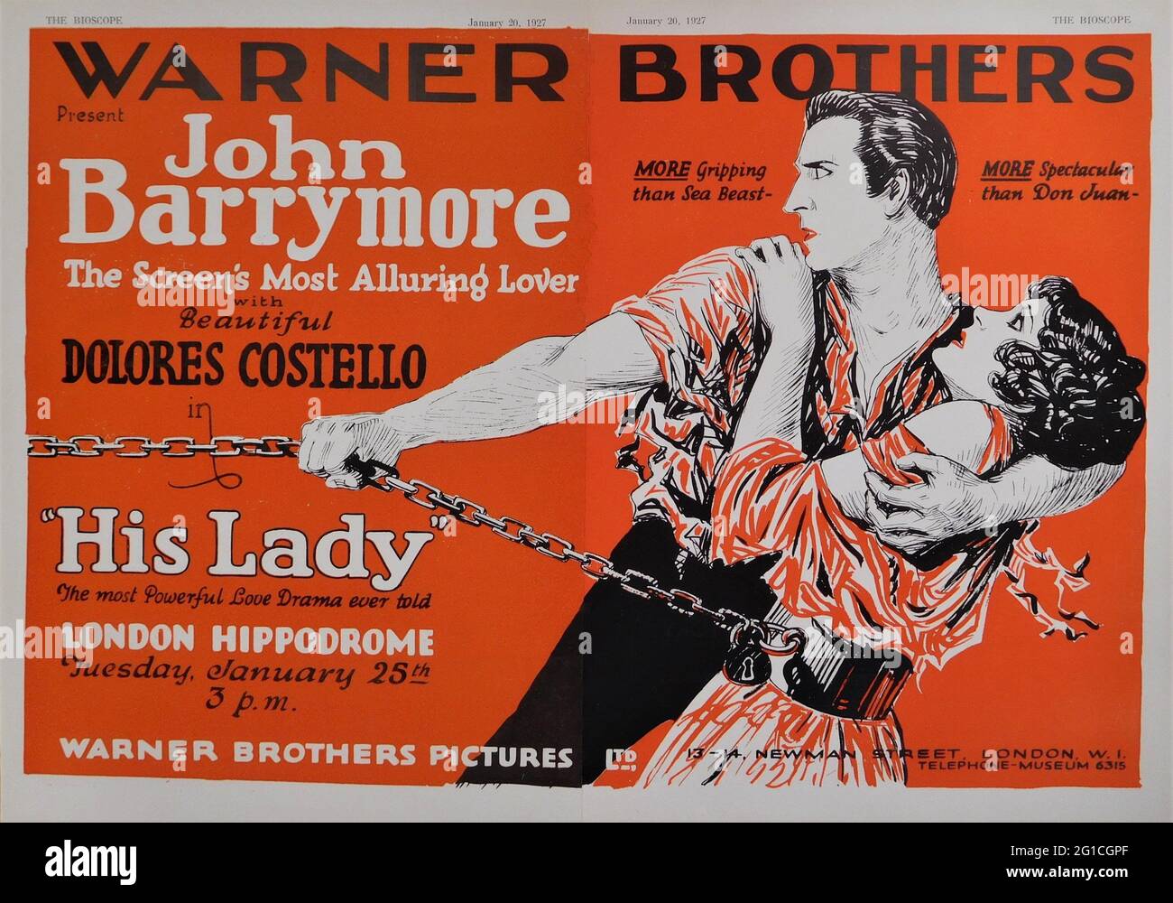 Publicité commerciale britannique pour JOHN BARRYMORE et DOLORES COSTELLO lorsQU'UN HOMME AIME sa DAME (au Royaume-Uni) 1927 réalisateur ALAN CROSLAND du roman Histoire du Chevalier des Grieux et de Manon Lescaut de l'Abbé Prévost adapté par Bess Meredyth Warner Bros. Banque D'Images
