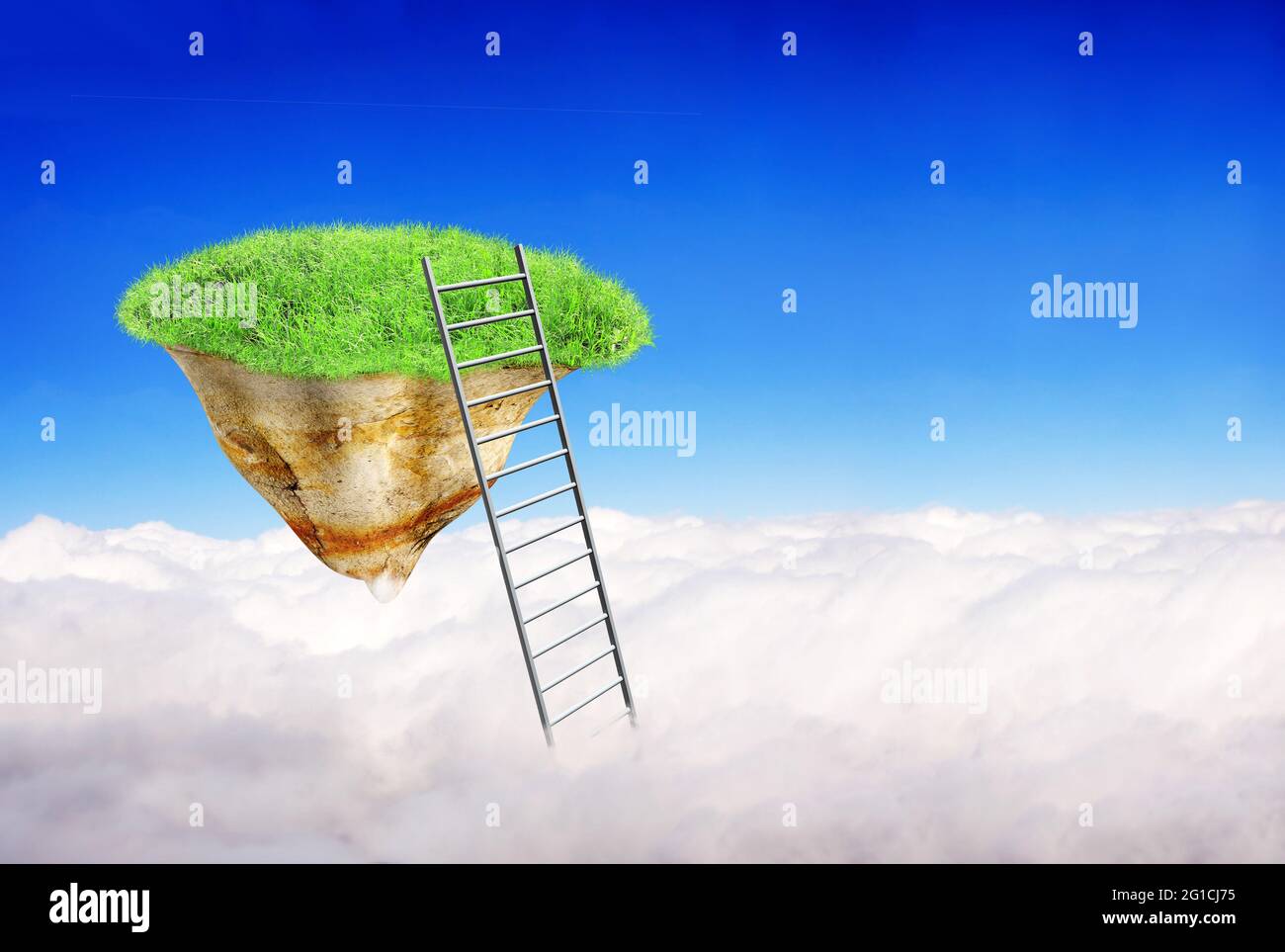 Concept d'échelle de réussite. Escalier dans les nuages et Flying Island sur fond bleu ciel. Scène fantastique avec Stairway au paradis et île flottante avec Banque D'Images
