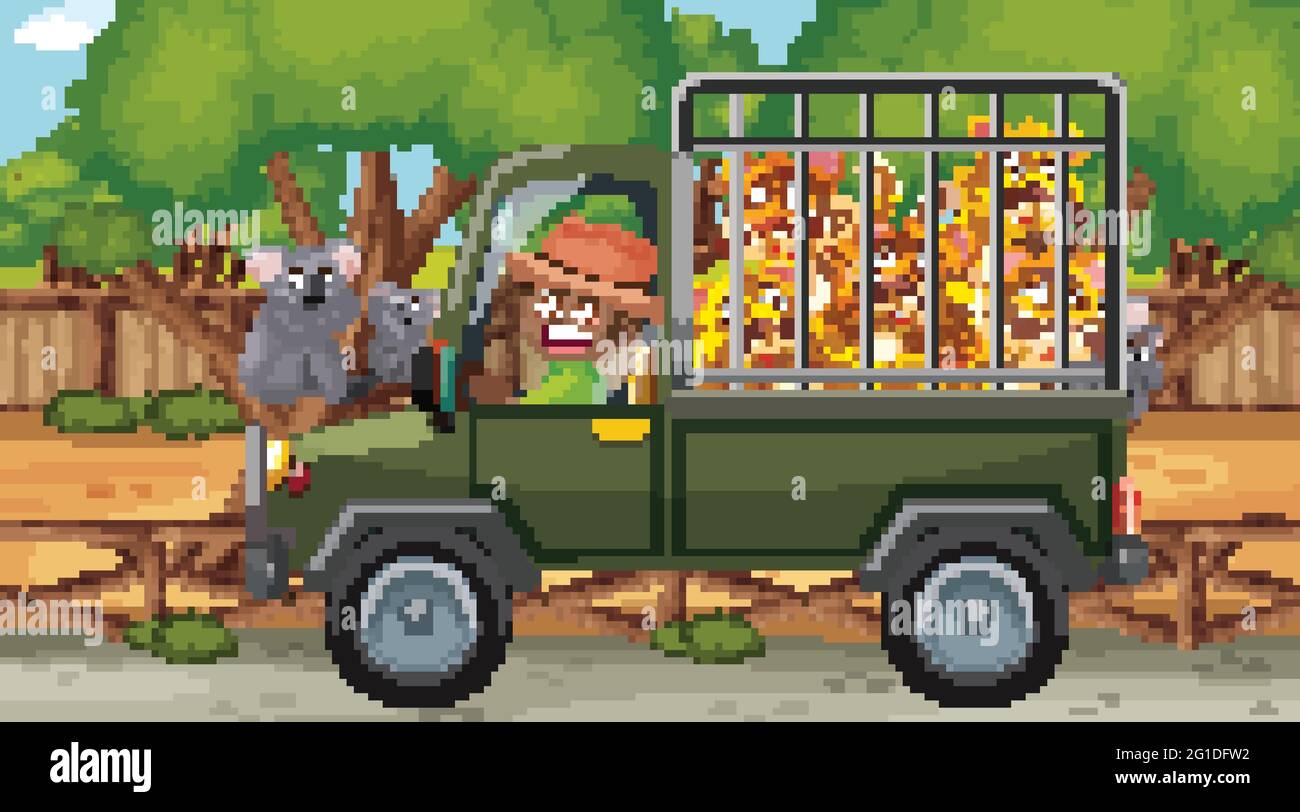 Scène Safari avec de nombreuses léopards dans une illustration de voiture en cage Illustration de Vecteur