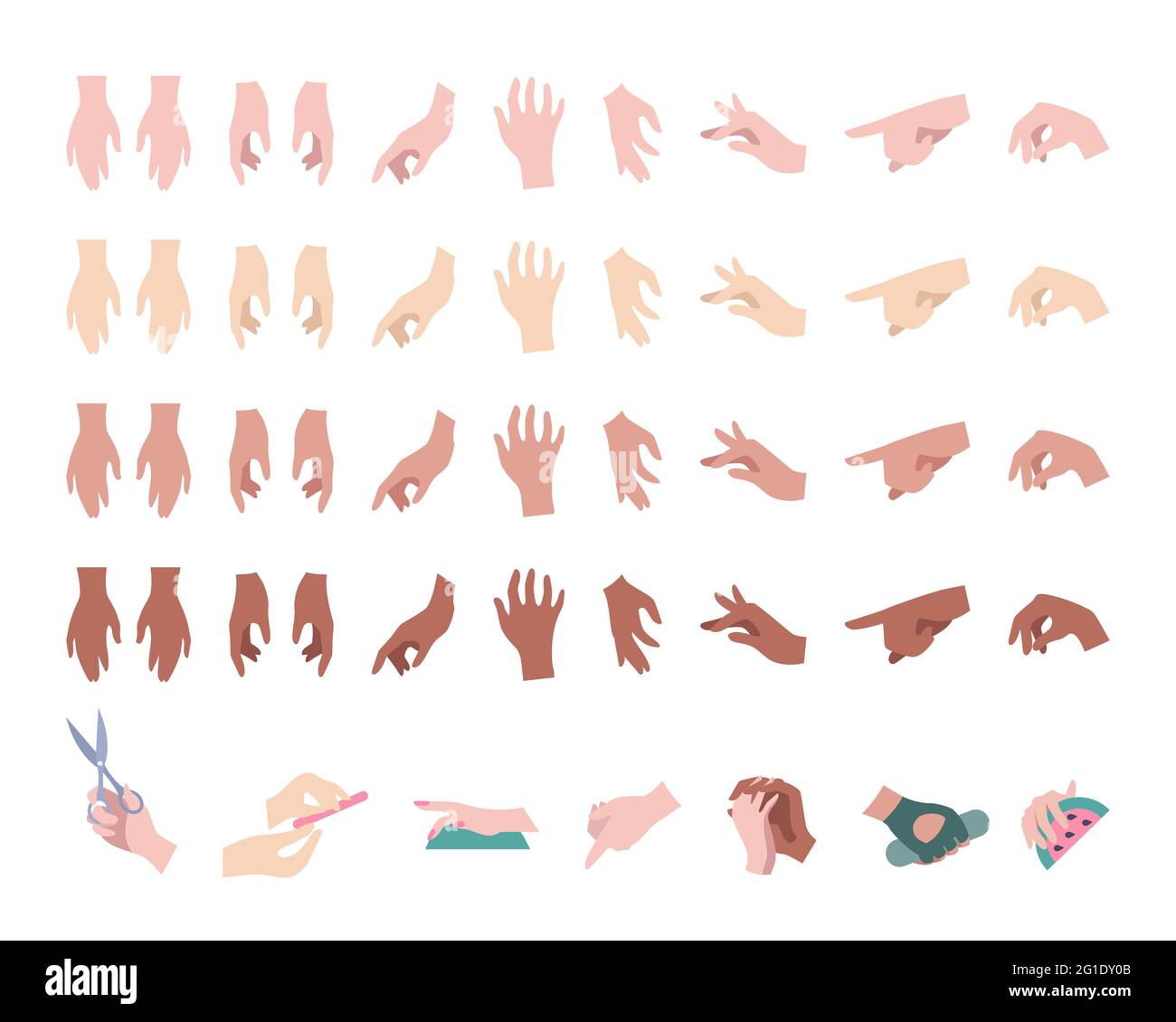 Ensemble de gestes de la main dans un style moderne et plat. Mains multiraciales vectorielles, différentes teintes de peau. Collection semi-réaliste de signes par les paumes humaines Illustration de Vecteur