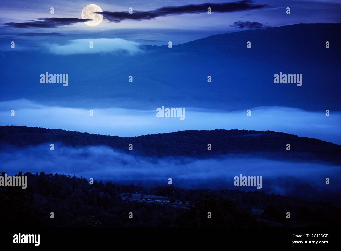 brouillard lumineux dans la vallée rurale la nuit. magnifique paysage de montagne en pleine lune. vue de la colline Banque D'Images brouillard lumineux dans la vallée rurale la nuit. magnifique paysage de montagne en pleine lune. vue de la colline Banque D'Images