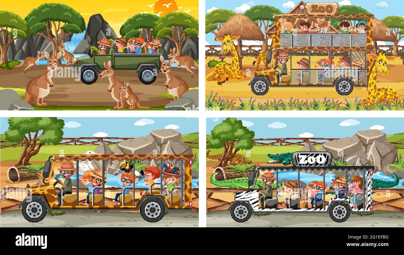 Ensemble d'animaux différents dans les scènes de safari avec l'illustration pour enfants Illustration de Vecteur