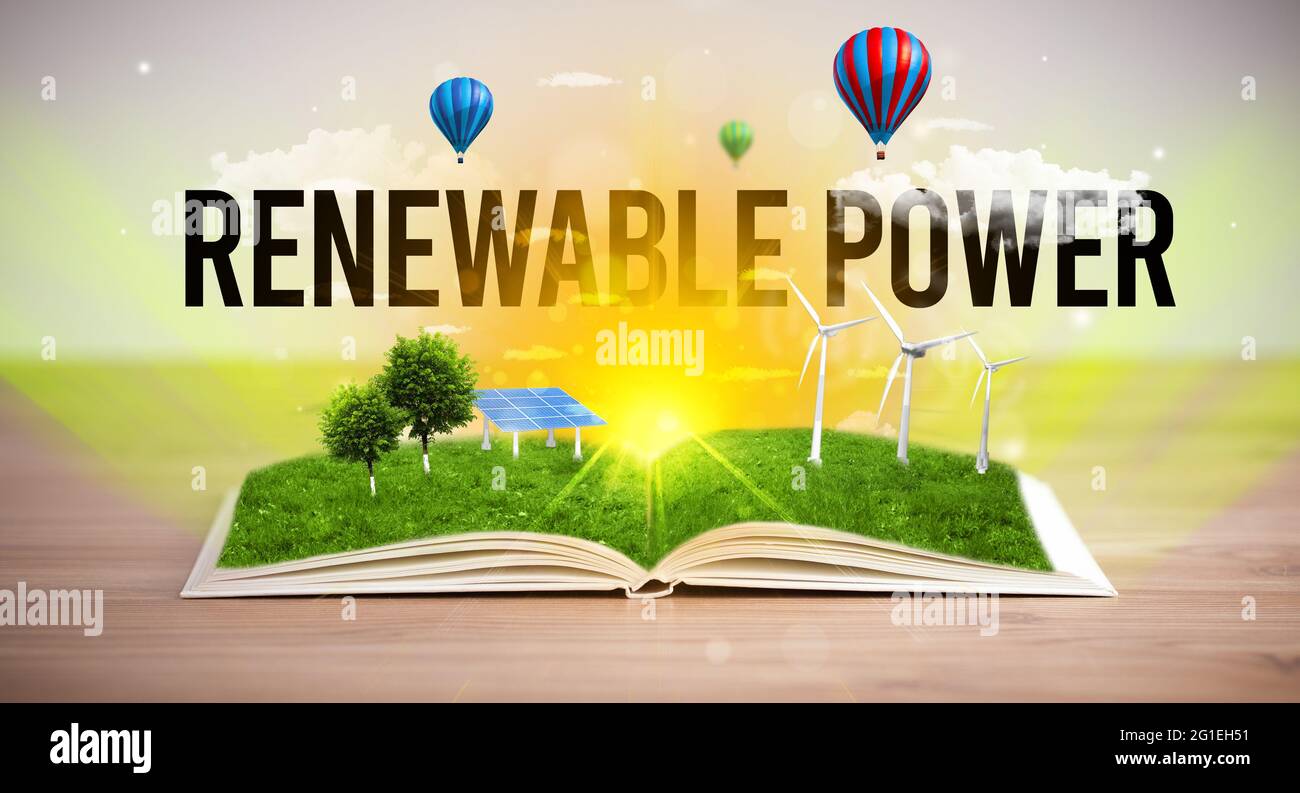 Livre ouvert, concept d'énergie renouvelable Banque D'Images