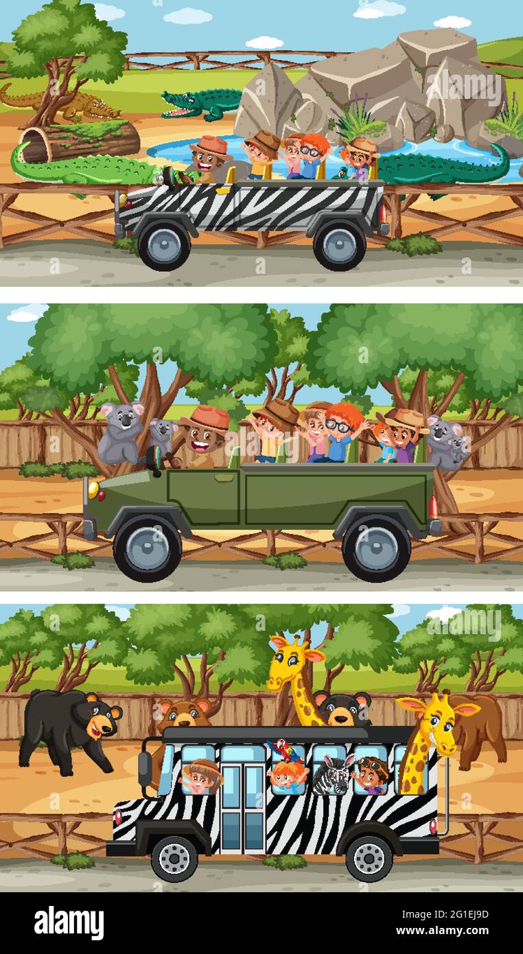 Ensemble de différentes scènes horizontales safari avec des animaux et des enfants illustration du personnage de dessin animé Illustration de Vecteur