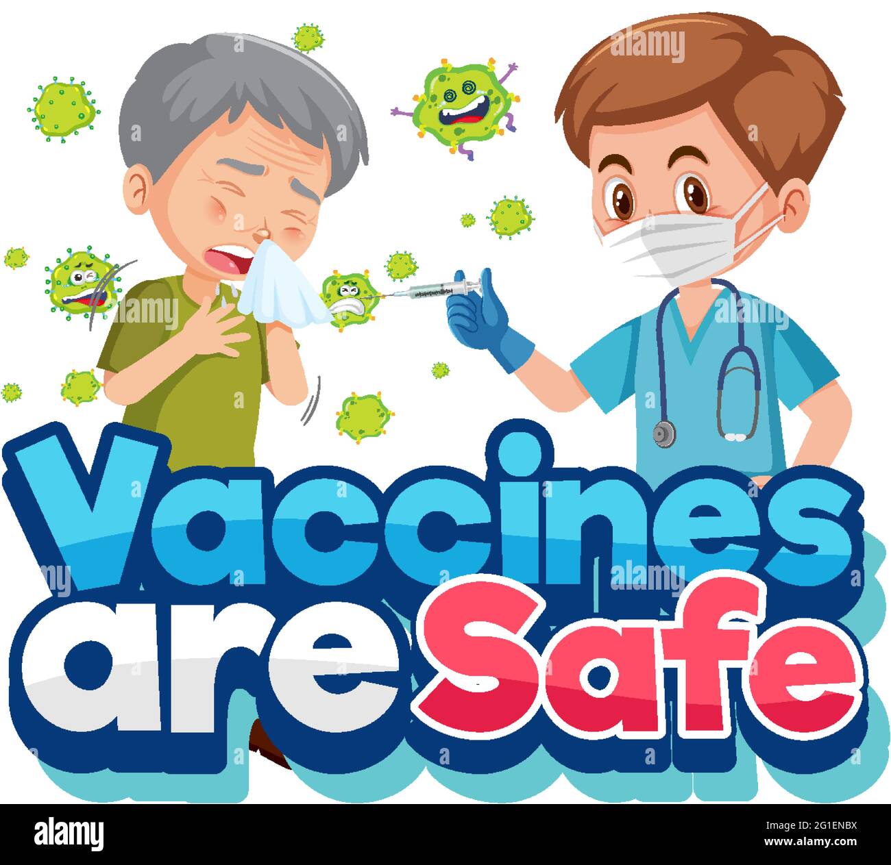 Concept de vaccination du coronavirus avec personnage de dessin animé et les vaccins sont une illustration de police sûre Illustration de Vecteur