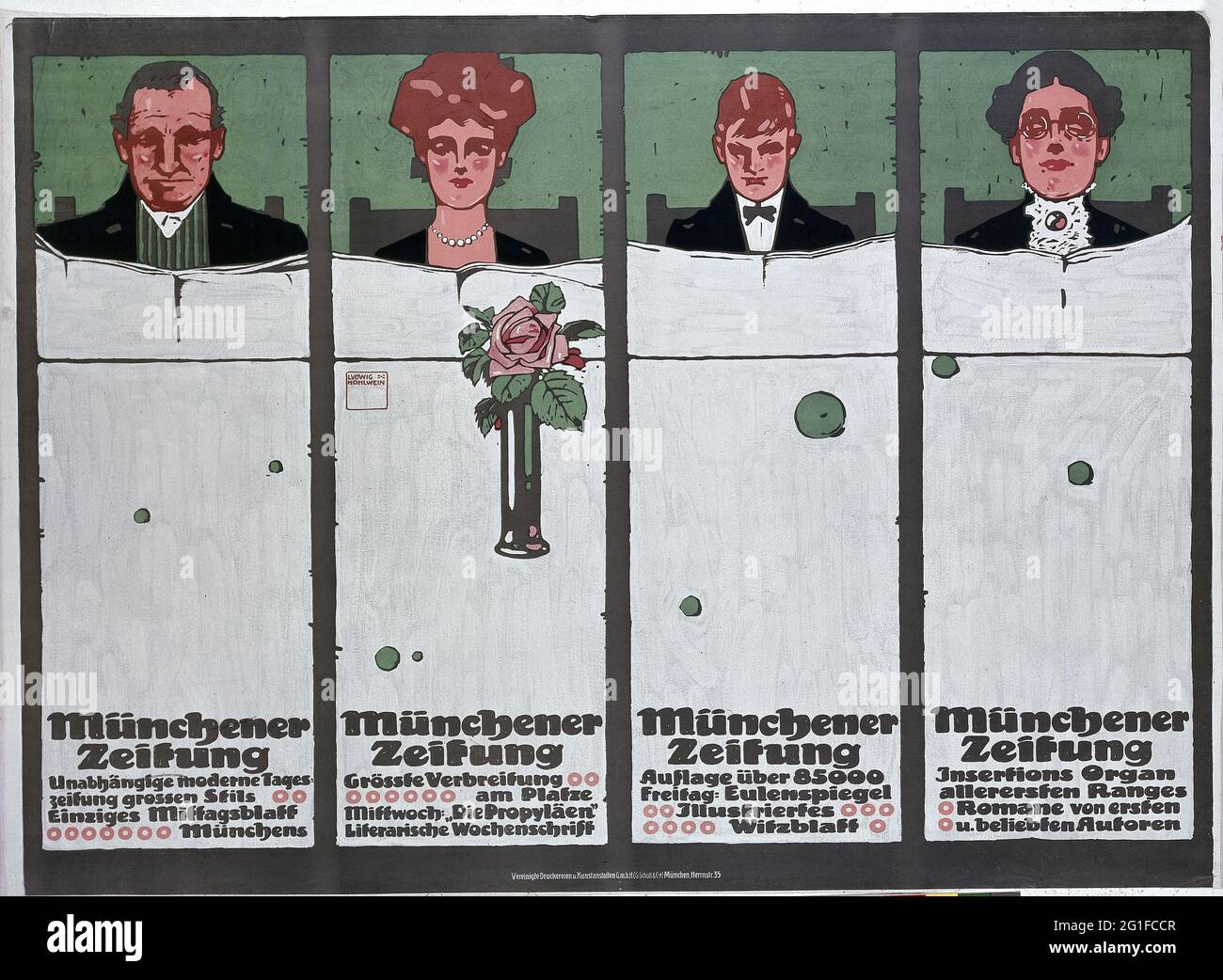 Publicité, affiche de Ludwig Hohlwein (1874 - 1949), Muencener Zeitung (journal de Munich), 1909, LE DROIT D'AUTEUR DE L'ARTISTE NE DOIT PAS ÊTRE AUTORISÉ Banque D'Images