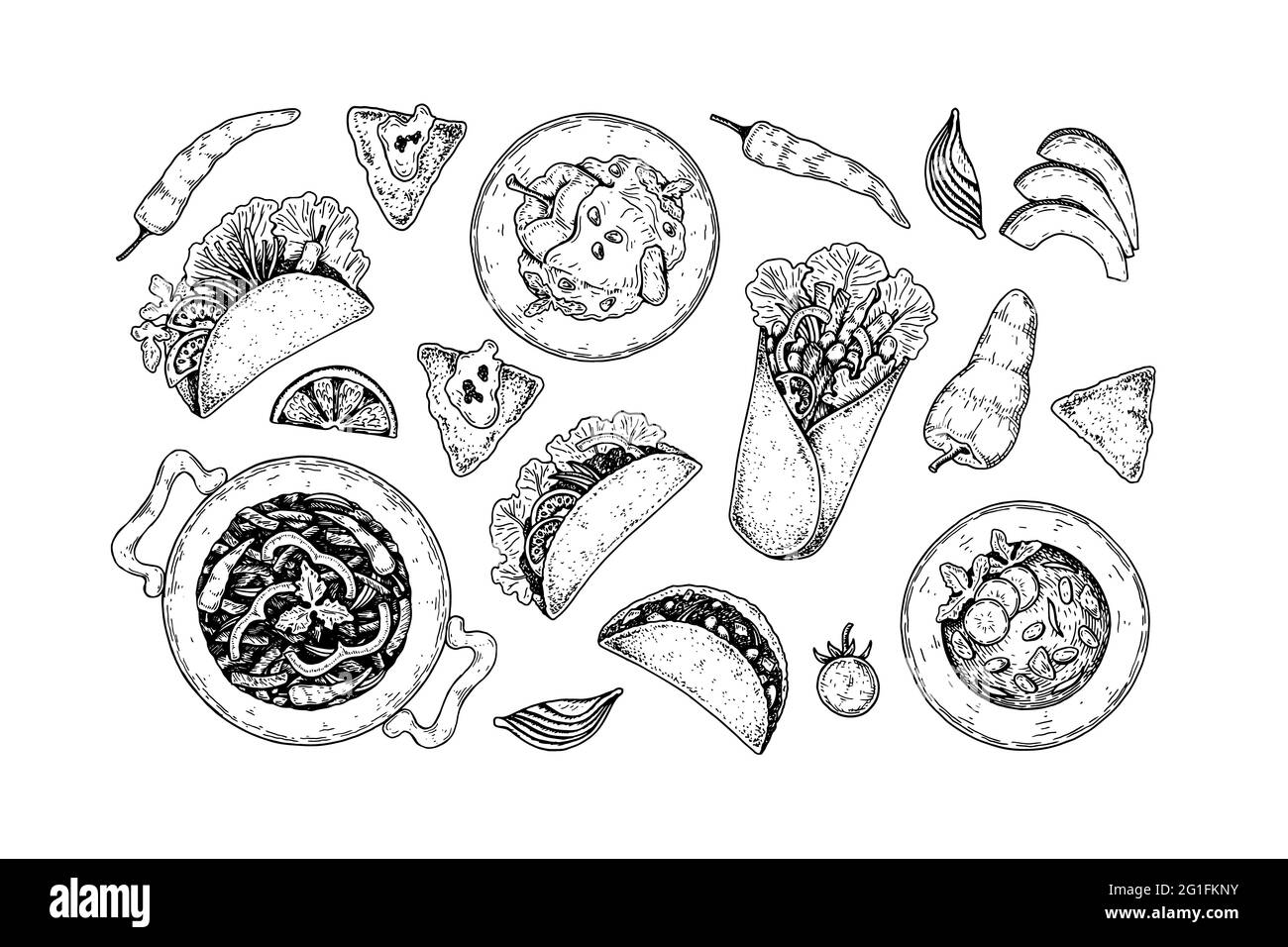 Ensemble de plats mexicains dessinés à la main. Illustration vectorielle dans le style d'esquisse Illustration de Vecteur