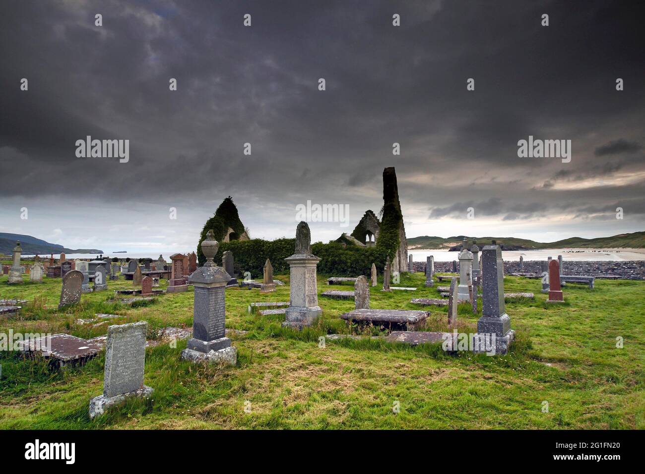 Ruine de l'église, pierres tombales, baie de Balnakeil, Durness, côte nord, Highlands, Highland, Écosse, Grande-Bretagne Banque D'Images