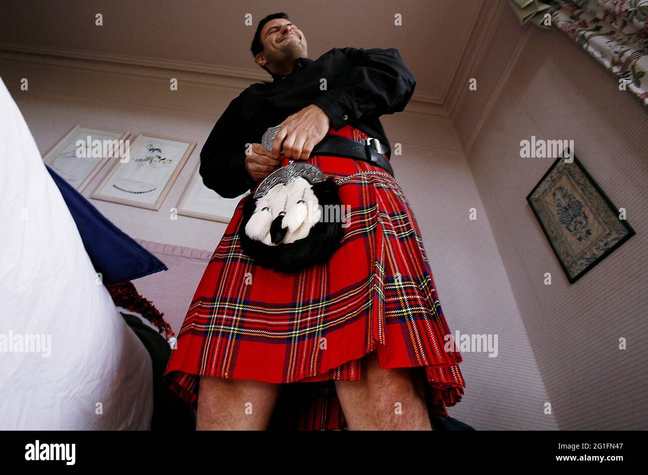 Kilt, tartan, pansements, pansement pour homme, emballage, Château de Glengorm, Mull, Hebrides intérieures, Hebrides, Highlands, Highland, Écosse, Grande-Bretagne Banque D'Images