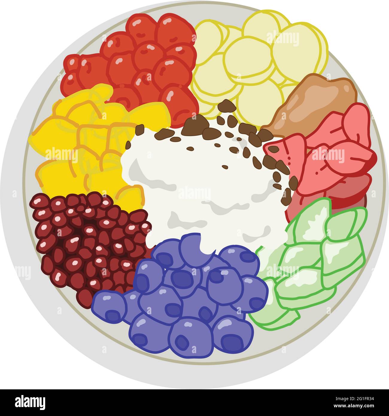 Vue de dessus de l'assiette ou du bol de fruits d'hiver frais et frais, fruits d'hiver, fruits, graines, beurre, crème et chocolat pour un bon mode de vie et un bon style de vie Illustration de Vecteur