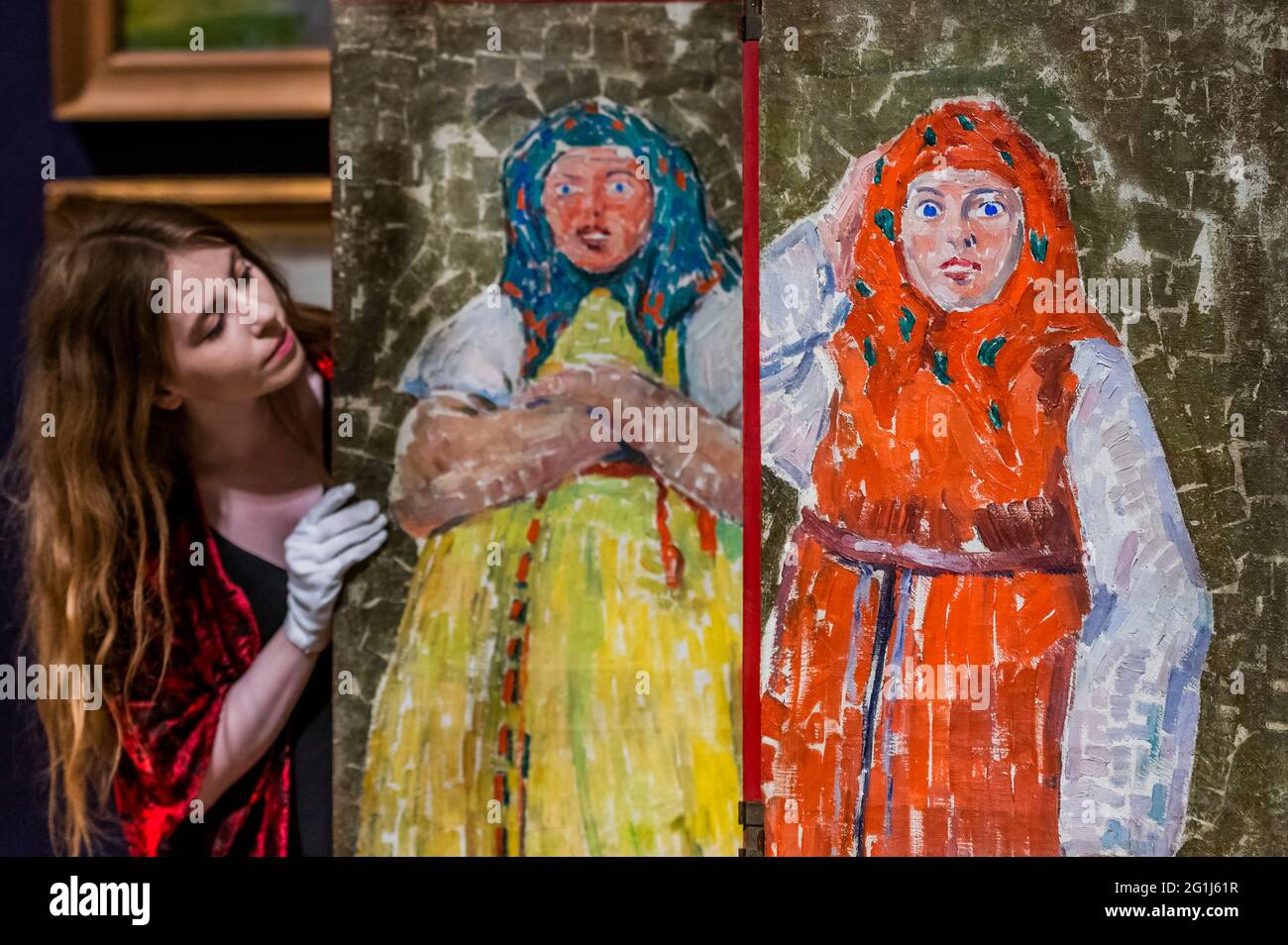 Londres, Royaume-Uni. 7 juin 2021. Samuel Granowsky, musiciens russes trois panneaux de toile, est £ 8,000 - 12,000 - Prévisualiser la vente russe à Bonhams, New Bond Street, Londres. La vente elle-même aura lieu le 9 juin. Crédit : Guy Bell/Alay Live News Banque D'Images