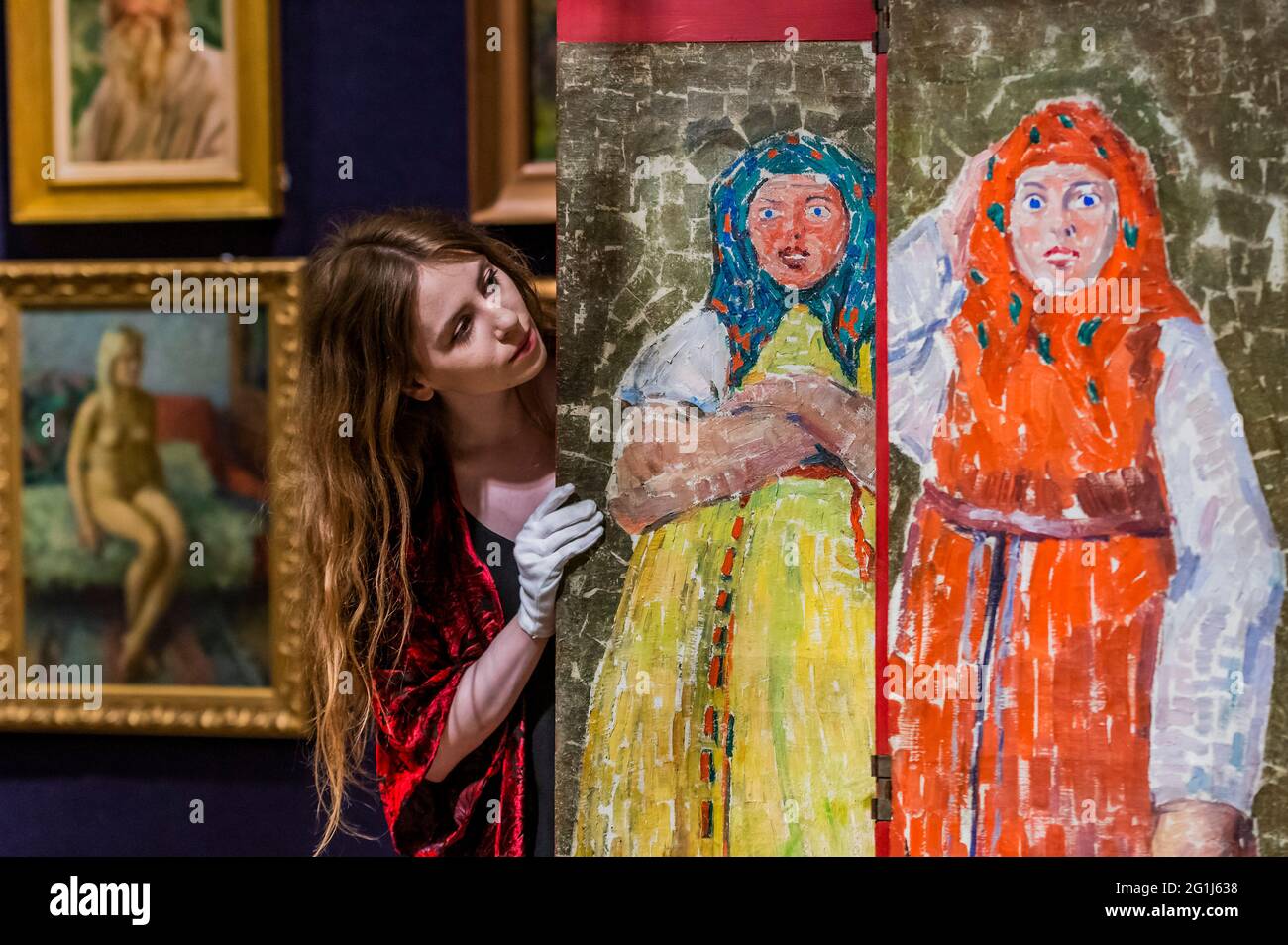 Londres, Royaume-Uni. 7 juin 2021. Samuel Granowsky, musiciens russes trois panneaux de toile, est £ 8,000 - 12,000 - Prévisualiser la vente russe à Bonhams, New Bond Street, Londres. La vente elle-même aura lieu le 9 juin. Crédit : Guy Bell/Alay Live News Banque D'Images