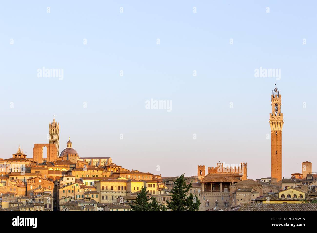 Italie, Toscane, Sienne, centre historique classé au patrimoine mondial de l'UNESCO, vue panoramique sur la vieille ville avec cathédrale notre Dame de l'Assomption et Torre del Mangia Banque D'Images