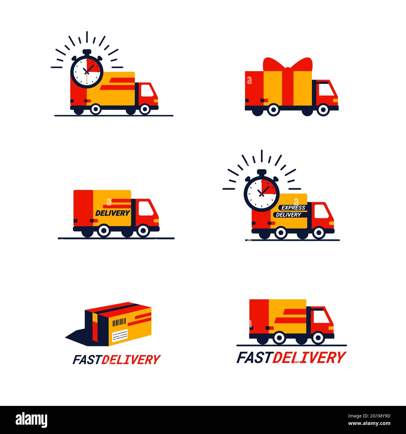 Jeu de couleurs des icônes liées à la livraison. Camions et camionnettes de livraison en rouge et jaune. Icônes simples de style plat isolées sur fond blanc Illustration de Vecteur