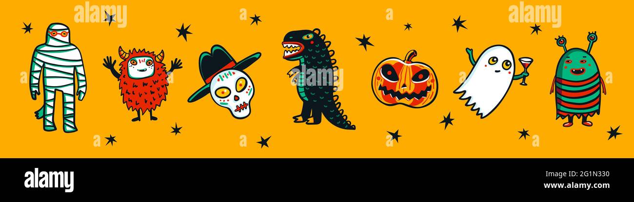 Bannière horizontale Halloween avec monstres amusants. Illustration vectorielle de style dessin animé sur fond jaune Illustration de Vecteur