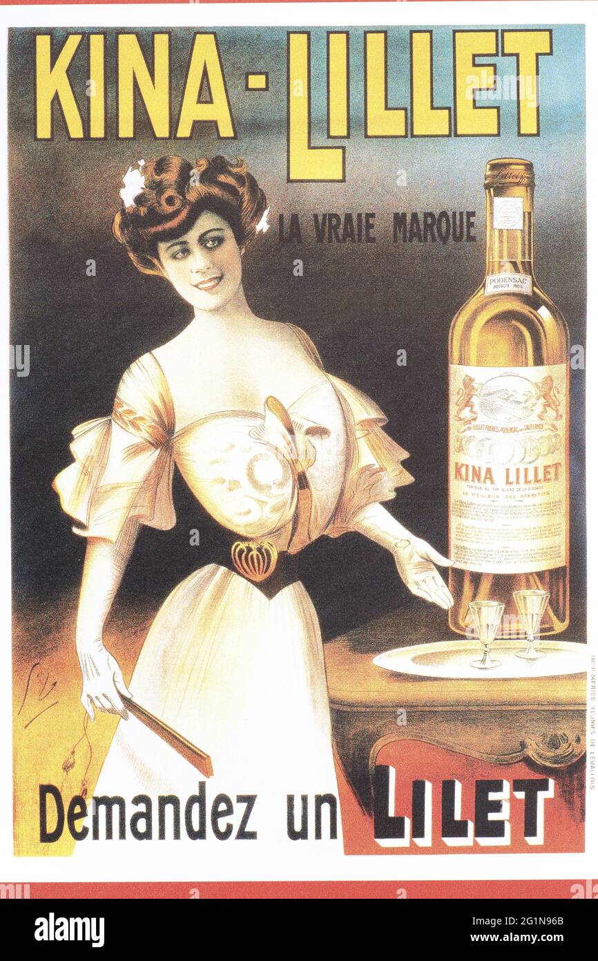 France, Gironde, Podensac, Lillet maison fondée en 1872 où Lillet est encore fait (apéritif fait de vin de Bordeaux et liqueur de fruits puis vieilli en fûts de chêne) depuis 1887, poster publicitaire de 1906 Banque D'Images