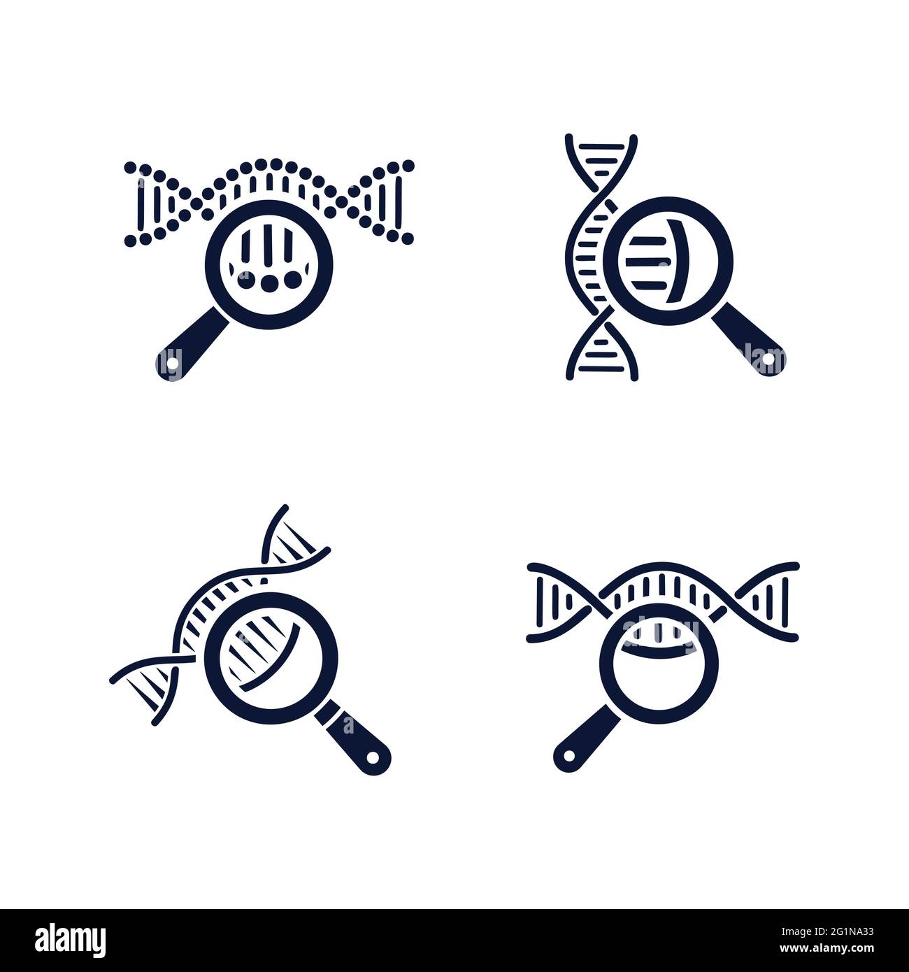 Jeu d'icônes de test d'ADN. Chaîne de l'ADN dans la loupe signe. Génie génétique, clonage, tests de paternité, analyse de l'ADN. Illustration vectorielle en blanc Illustration de Vecteur