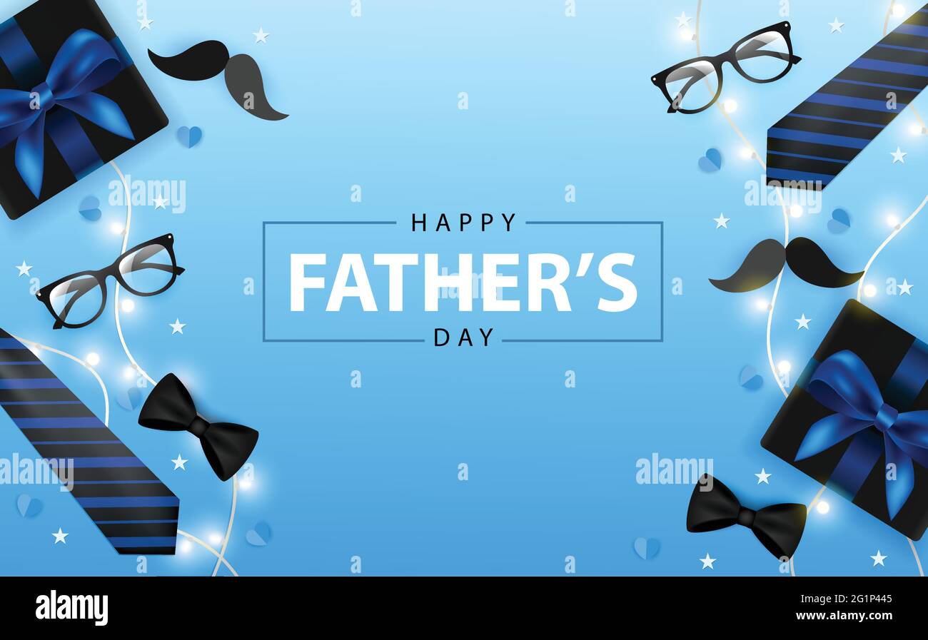 Illustration vectorielle de la fête des pères sur fond bleu. Bannière fête des pères avec cravate, noeud, lunettes, lumières, moustache, stylo, coeurs, boîte-cadeau. Illustration de Vecteur