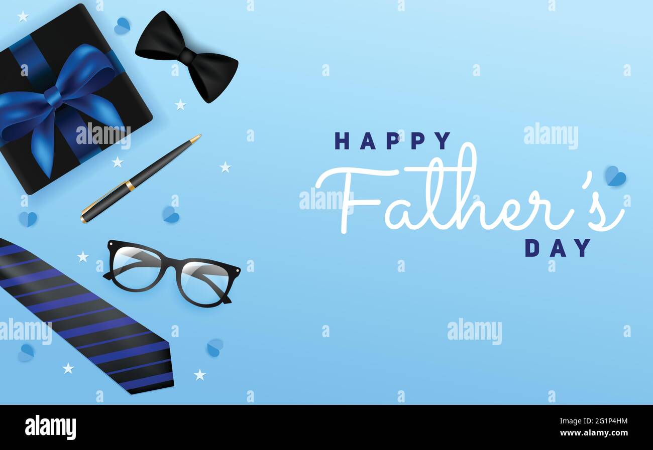 Illustration vectorielle de la fête des pères sur fond bleu. Bannière fête des pères avec cravate, noeud, lunettes, moustache, stylo, coeurs, boîte cadeau. Illustration de Vecteur
