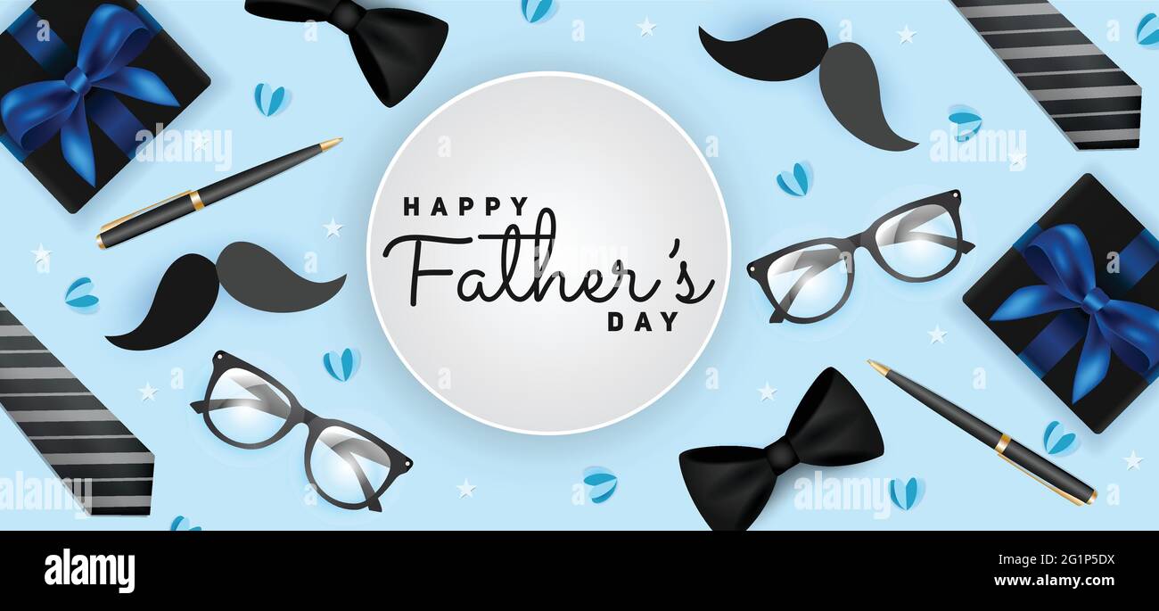 Illustration vectorielle de la fête des pères sur fond bleu. Bannière fête des pères avec cravate, noeud, lunettes, moustache, stylo, coeurs, boîte cadeau. Illustration de Vecteur