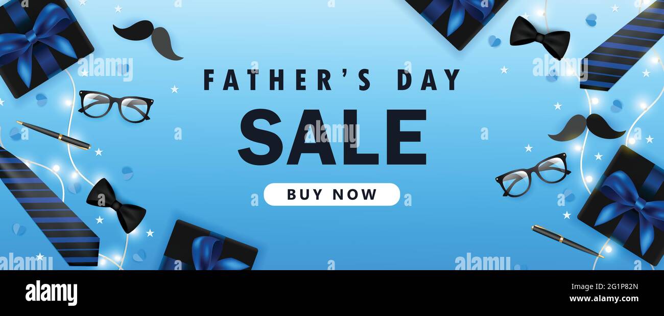Illustration vectorielle de la fête des pères sur fond bleu. Bannière fête des pères avec cravate, noeud, lunettes, lumières, moustache, stylo, coeurs, boîte-cadeau. Illustration de Vecteur
