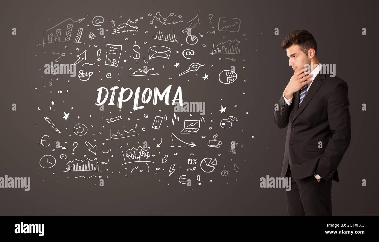 Homme d'affaires pensant avec inscription éducative Banque D'Images