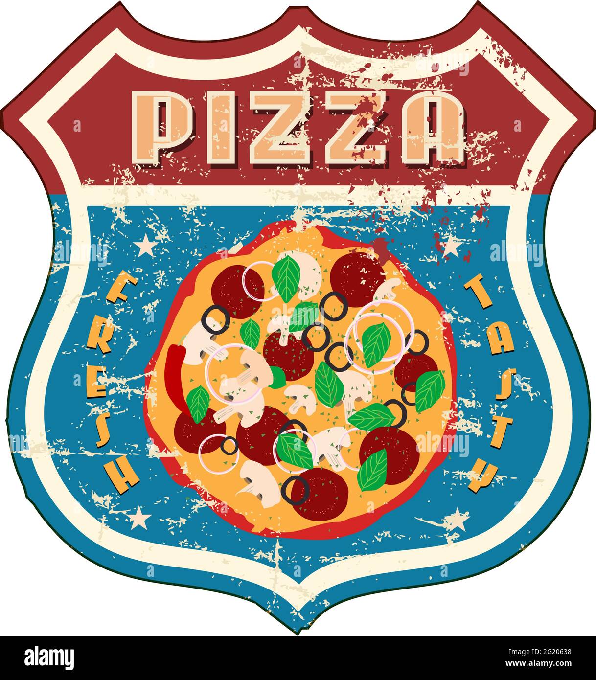 pizza nostalgique vintage et affiche de restauration rapide, illustration vectorielle, œuvres d'art fictives. Illustration de Vecteur