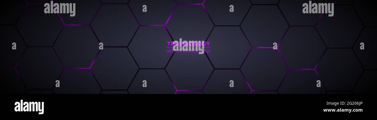 Fond vectoriel abstrait de technologie hexagonale horizontale gris foncé et violet. L'énergie lumineuse violette clignote sous l'hexagone dans un futuriste moderne Illustration de Vecteur
