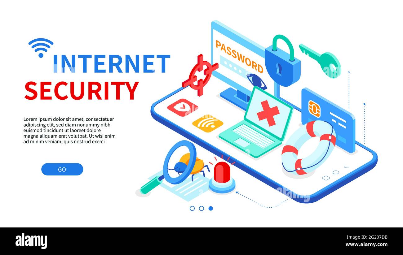 Sécurité Internet - bandeau web moderne et coloré isométrique avec espace de copie pour le texte. Protection des données, idée antivirus. Saisie du mot de passe, sac de logiciels, a Illustration de Vecteur