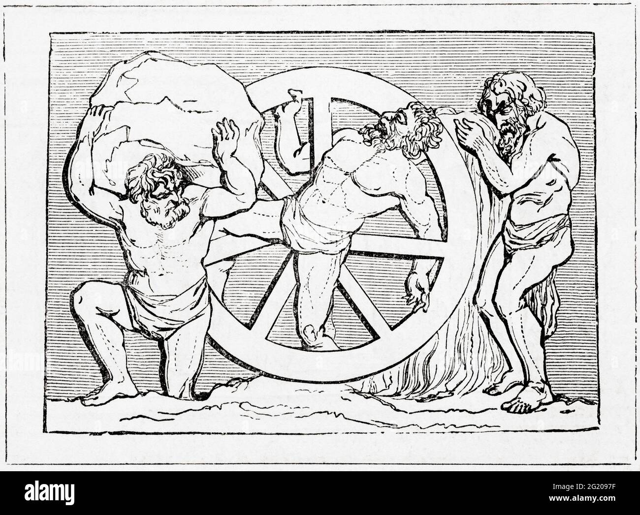 Sisyphus, Ixion et Tantalus. Sisyphus ou Sisyphos, fondateur et roi d'Ephyra, puni pour avoir triché la mort deux fois en étant fait pour rouler un énorme rocher sur une colline seulement pour qu'il redescend chaque fois qu'il a atteint le sommet, en répétant cette action pour l'éternité. Ixion, roi des Lapiths, était relié à une roue à ailes qui tournait toujours. Tantalus, alias Atys, figure mythologique grecque faite pour se tenir dans un bassin d'eau sous un arbre fruitier à branches basses, avec le fruit toujours éluant sa saisie, et l'eau toujours s'en tirant avant qu'il puisse prendre un verre. D'UNE histoire populaire de la Grèce, publier Banque D'Images