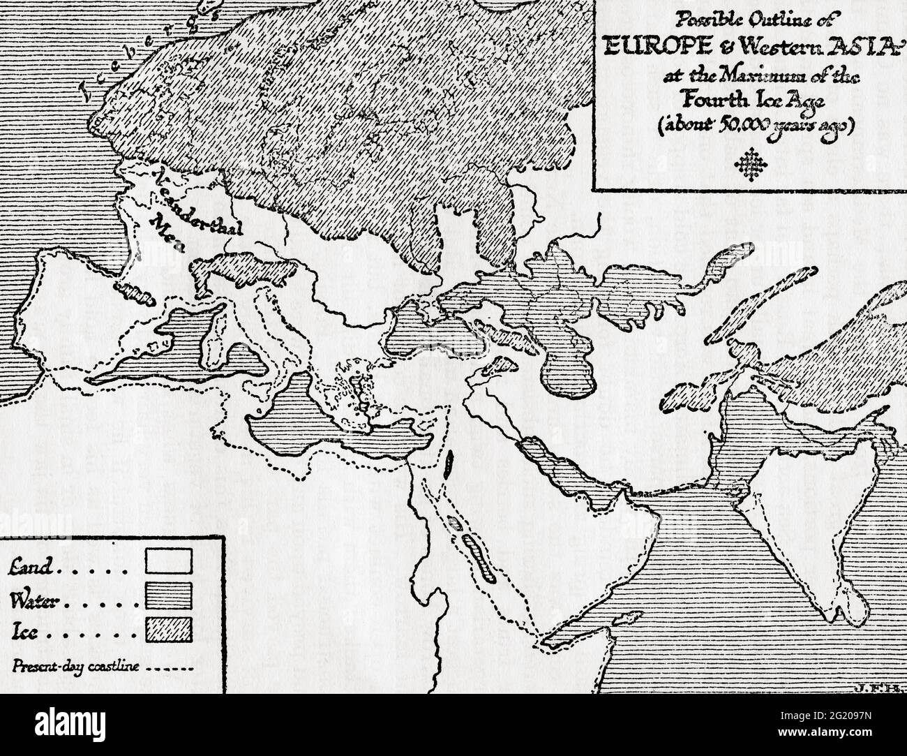 Carte des contours possibles de l'Europe et de l'Asie occidentale au maximum du quatrième âge glaciaire. Tiré d'UNE brève histoire du monde, publié vers 1936 Banque D'Images