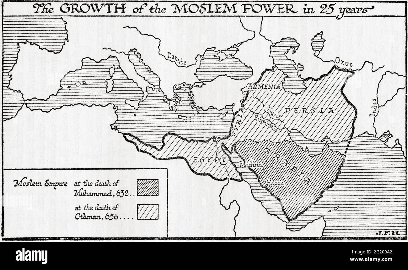 Carte montrant la croissance de la puissance musulmane en 25 ans de 632 à 656. Tiré d'UNE brève histoire du monde, publié vers 1936 Banque D'Images