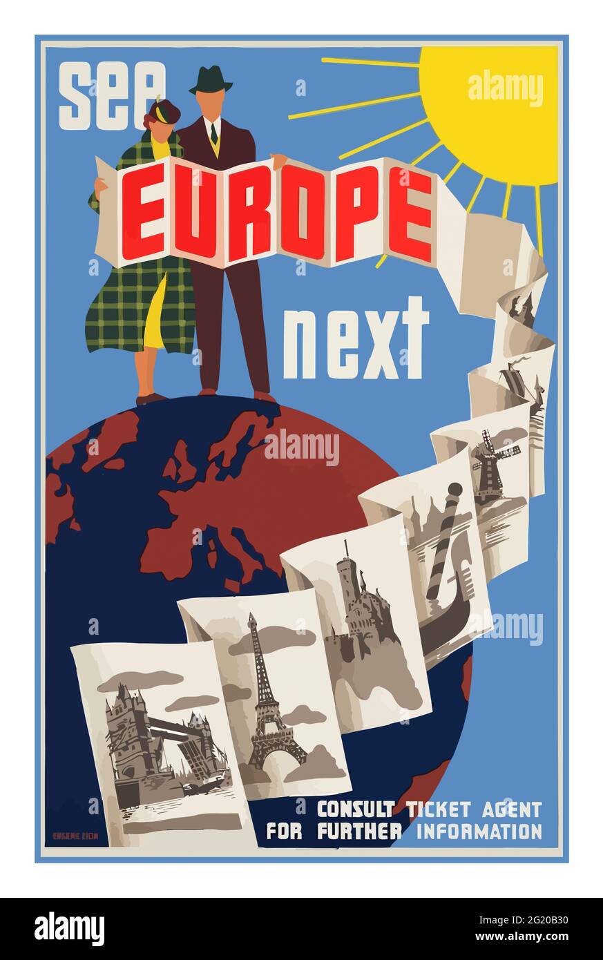 Affiche d'après-guerre « voir l'Europe suivante » des années 1950 présentant des destinations populaires, Londres, Paris, Venise, etc Banque D'Images