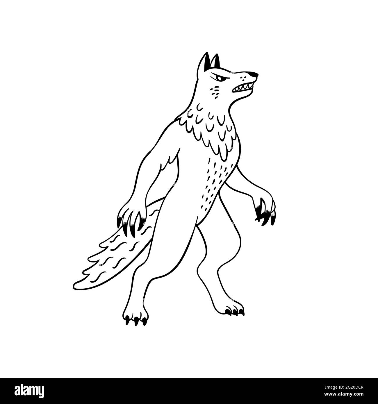 Ensemble de créatures magiques. Animal mythologique - loup-garou. Illustration vectorielle noire et blanche de style Doodle isolée sur fond blanc. Motif tatouage ou Illustration de Vecteur