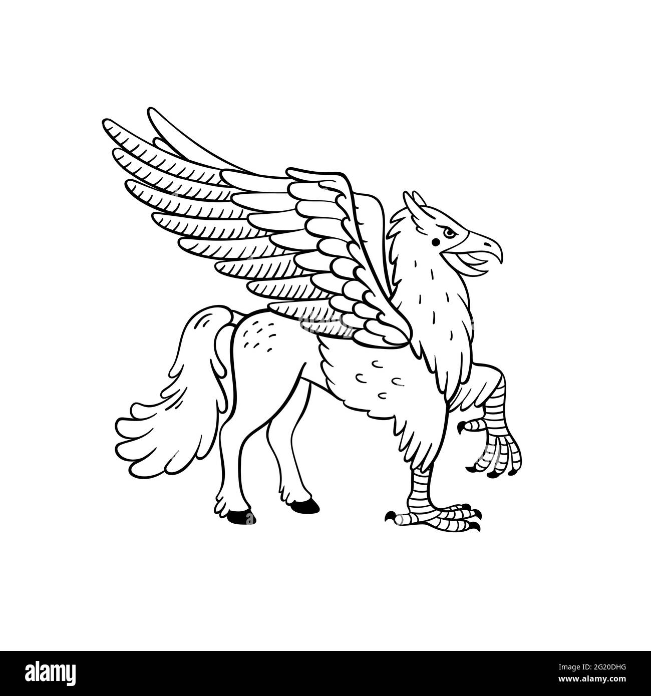 Ensemble de créatures magiques. Animal mythologique - hippogriff. Illustration vectorielle noire et blanche de style Doodle isolée sur fond blanc. Motif tatouage Illustration de Vecteur