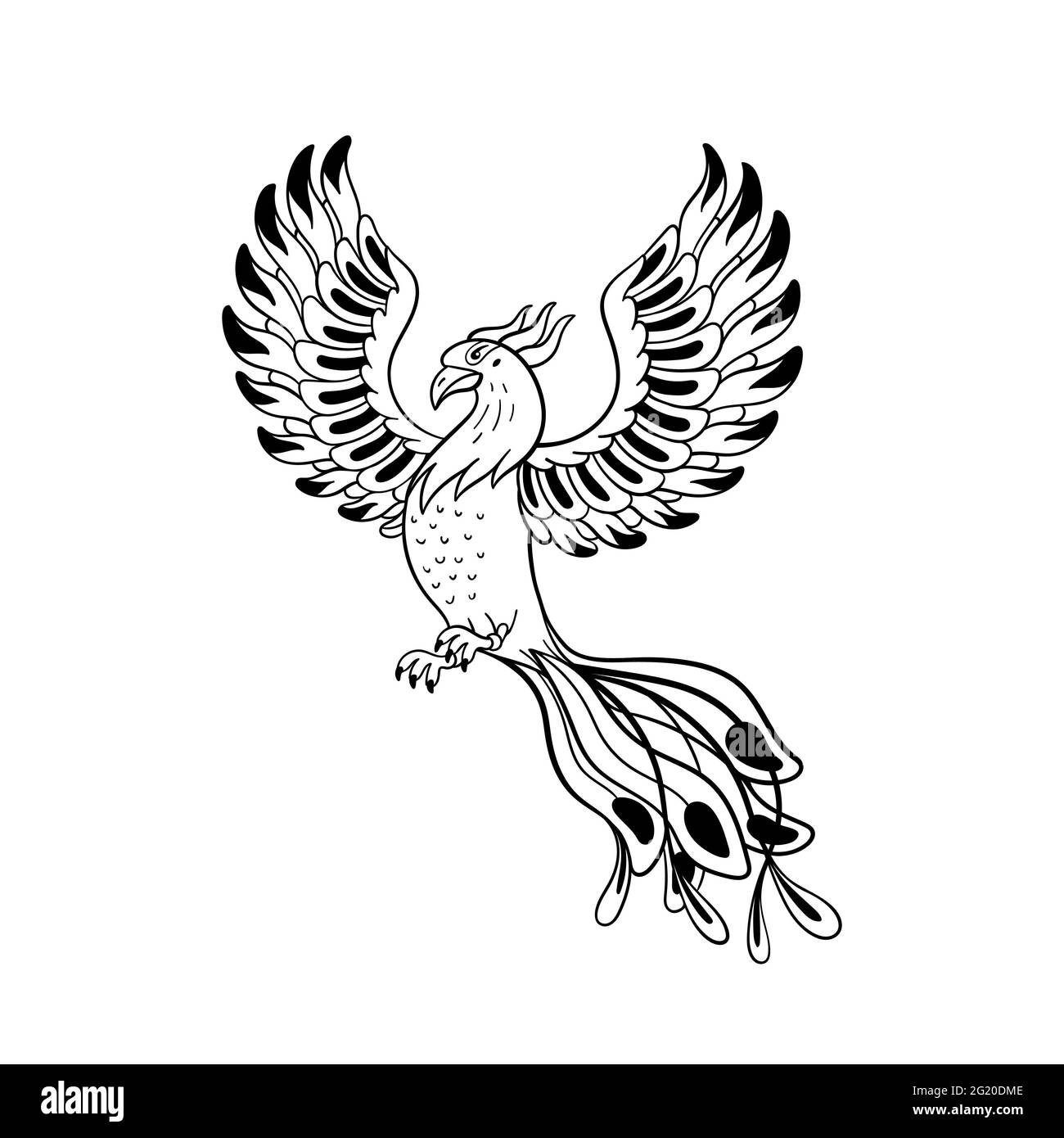 Ensemble de créatures magiques. Oiseau mythologique - phoenix. Illustration vectorielle noire et blanche de style Doodle isolée sur fond blanc. Motif tatouage ou co Illustration de Vecteur