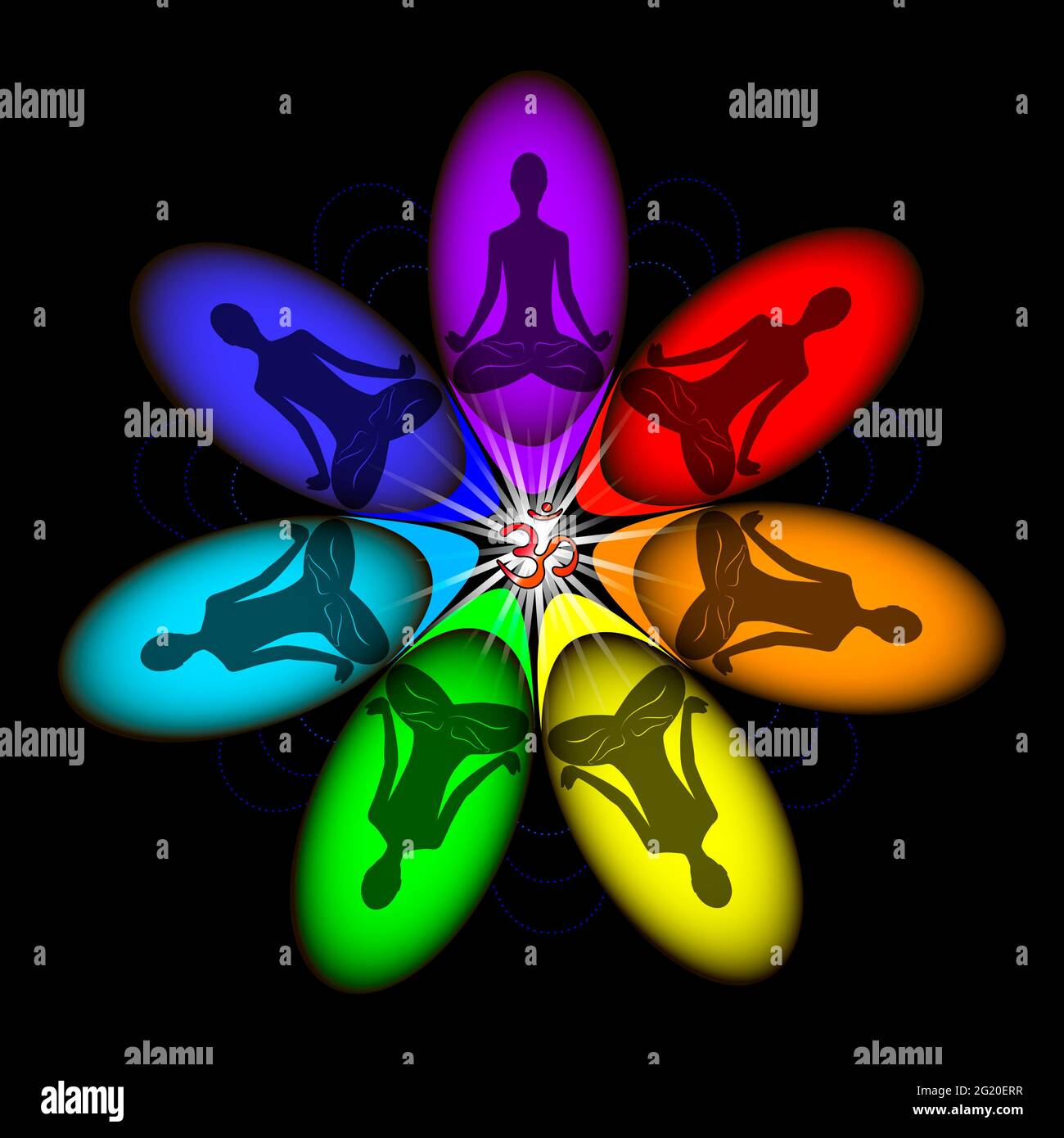 Aura, le système chakra. La croissance spirituelle d'une personne. La silhouette d'une personne. Illustration Banque D'Images