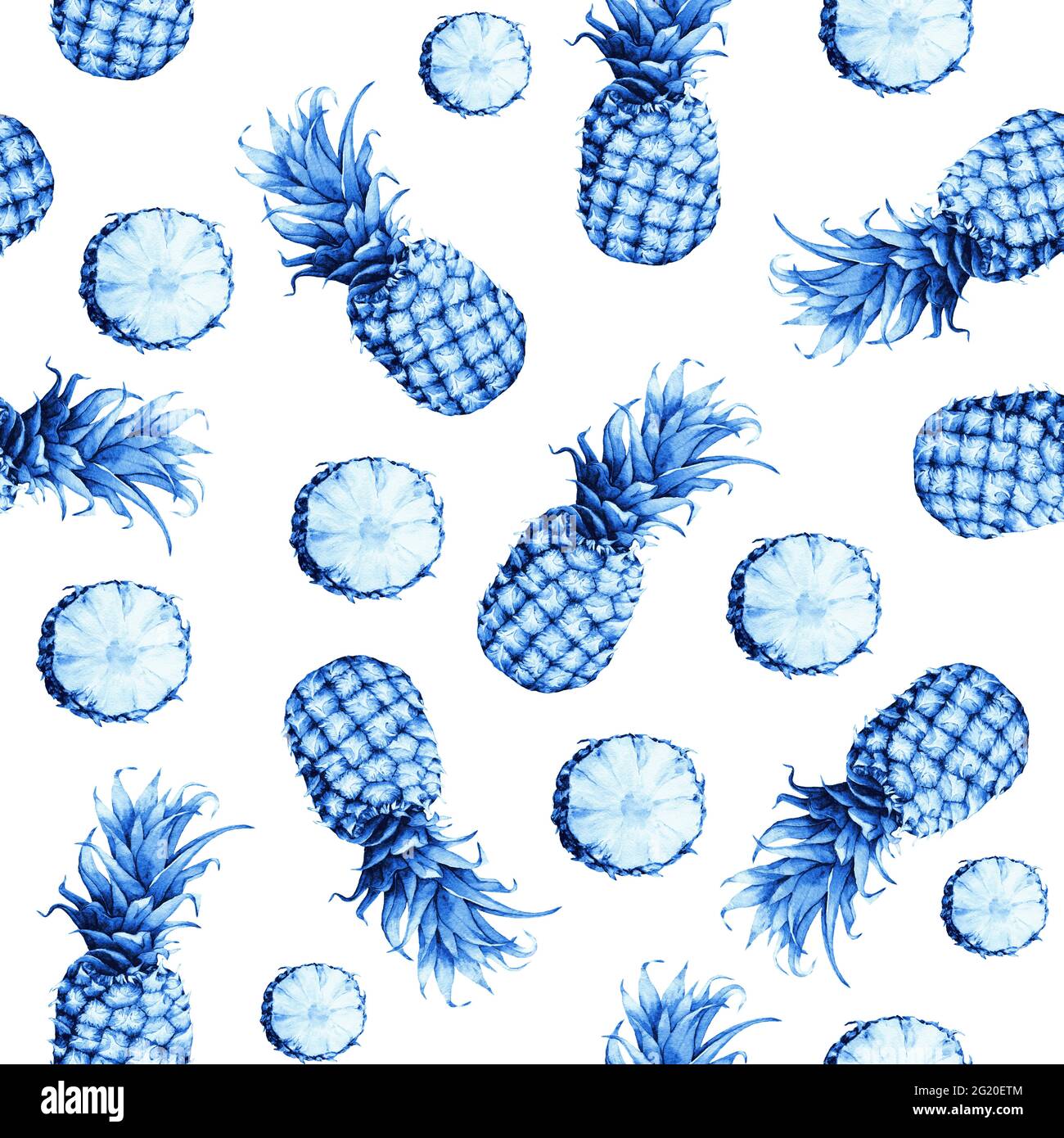 Motif bleu monochrome sans couture d'ananas frais. Aquarelle dessinée à la main sur fond blanc. Banque D'Images