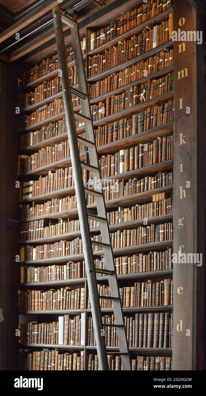 Une des nombreuses piles de livres à l'intérieur de la salle long, Trinity College, Dublin, Irlande Banque D'Images