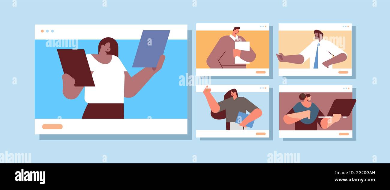 les gens d'affaires dans les fenêtres de navigateur web discutant pendant la vidéoconférence les gens d'affaires équipe de conférence virtuelle Illustration de Vecteur