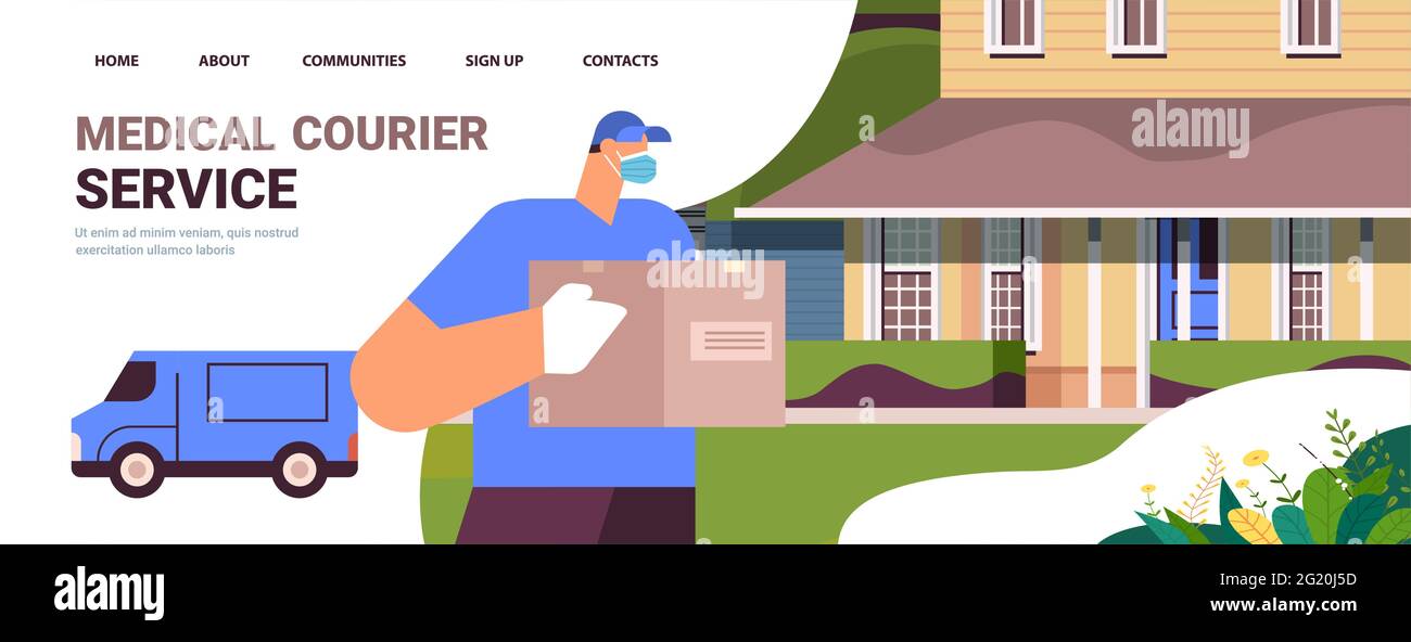 courier mâle dans un masque et des gants tenant une boîte en carton livraison sans contact service de coursier médical concept Illustration de Vecteur