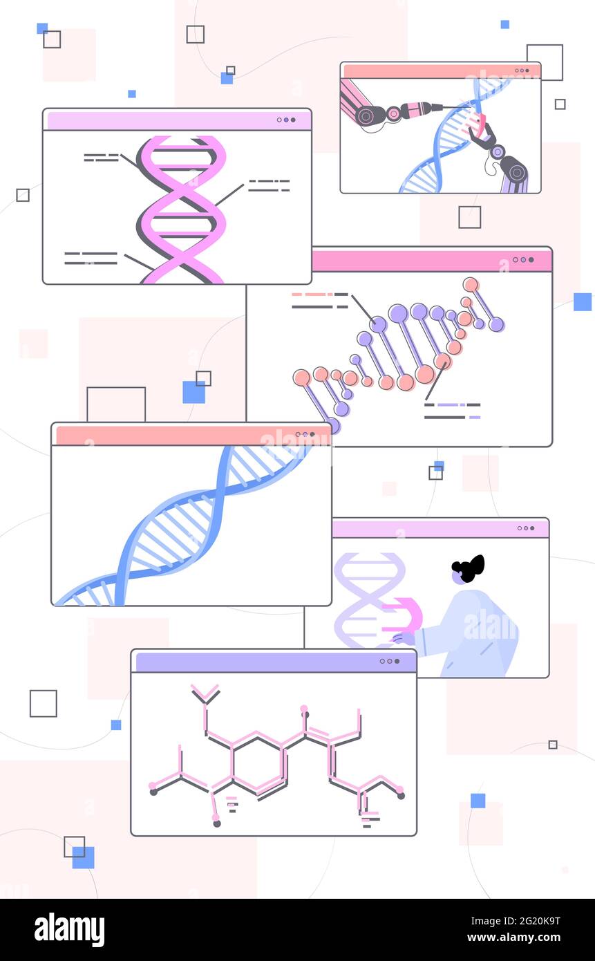 Scientifiques analysant la structure de l'ADN dans les fenêtres de navigateur Web chercheurs faisant des expériences dans les tests d'ADN en laboratoire en ligne Illustration de Vecteur