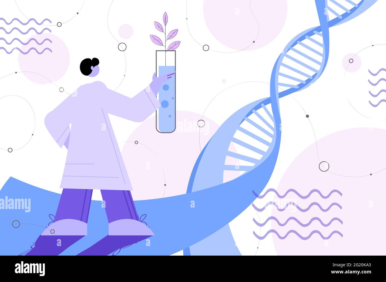 Un scientifique analysant l'ADN des plantes dans des tubes à essai chercheur faisant des expériences dans des plantes génétiquement modifiées de laboratoire Illustration de Vecteur