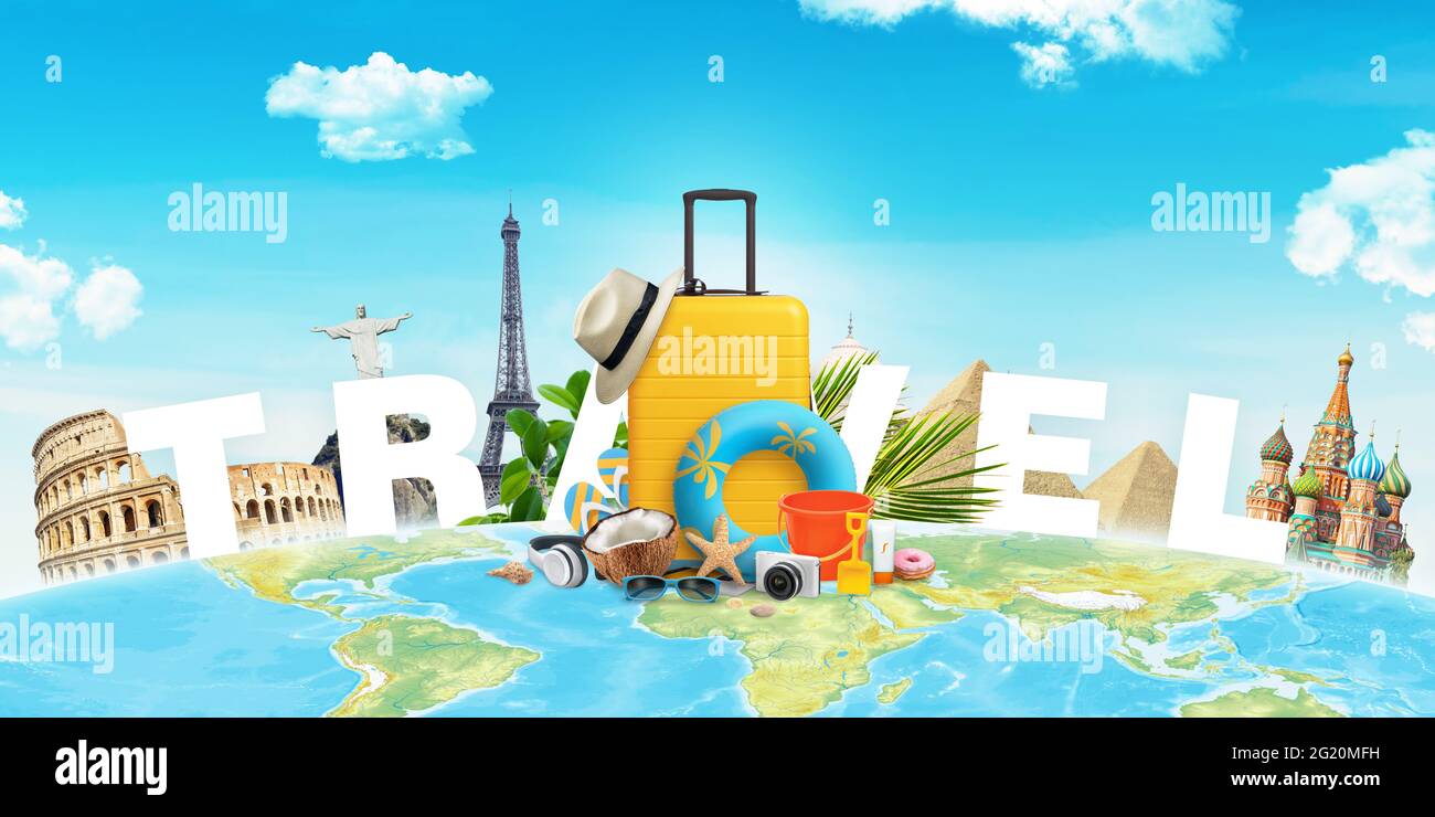 Composition de voyage avec sac jaune et accessoires devant des bâtiments de renommée mondiale Banque D'Images