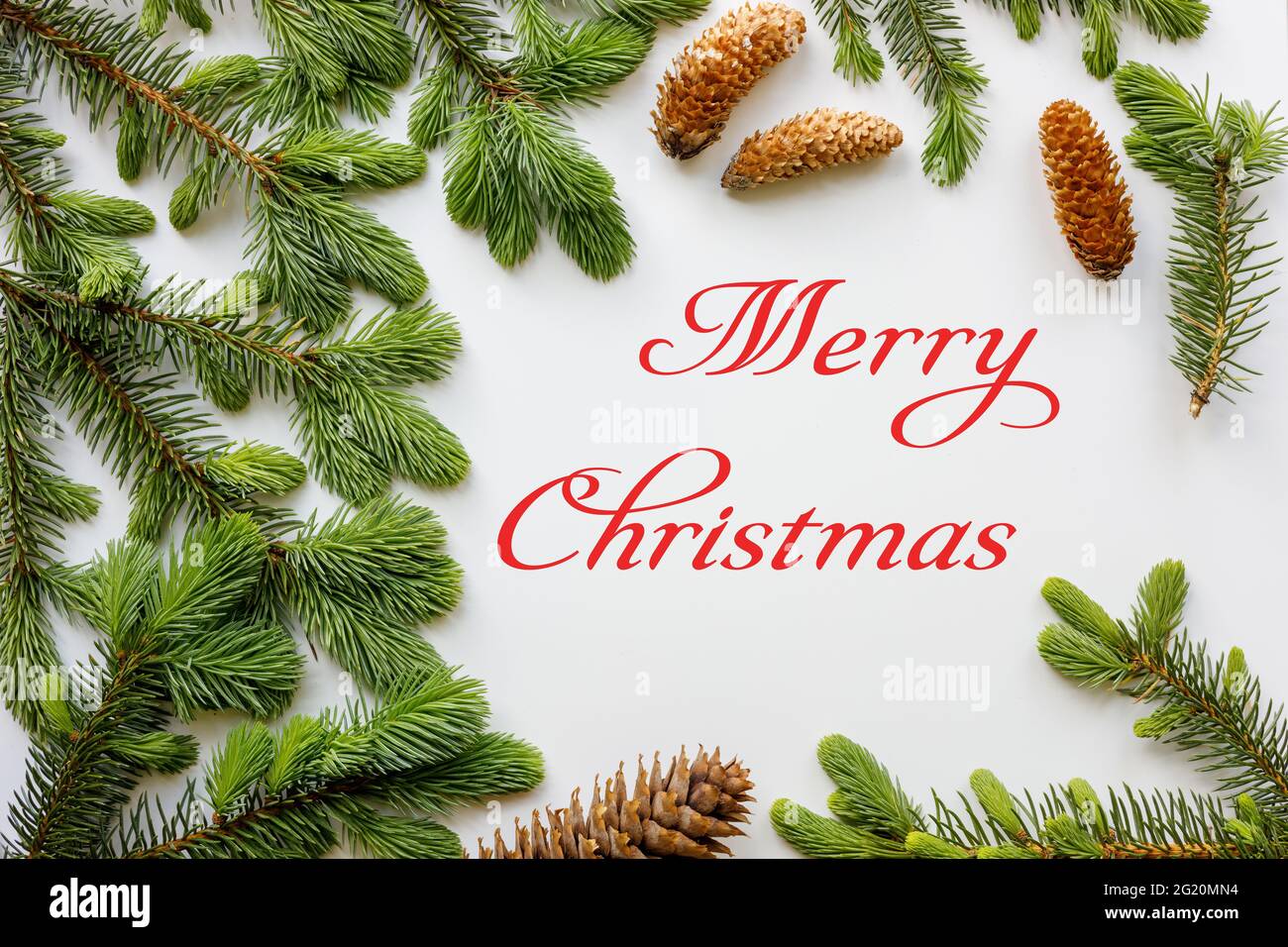 Carte de Noël, lettrage joyeux noël sur fond blanc, mise en page décorative Banque D'Images